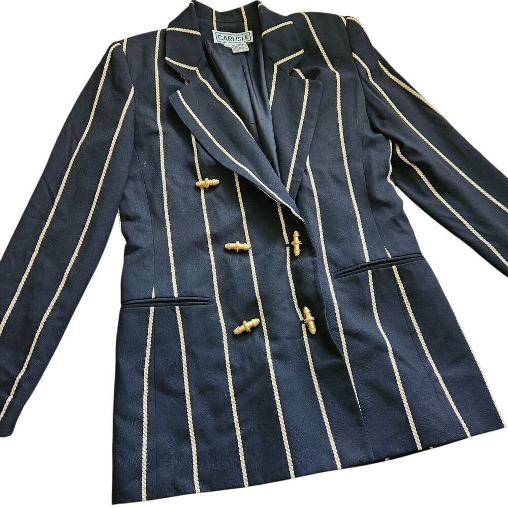 CARLISLE Vintage Blazer Jacket Wool Blend Womens 6 Nautical Striped Black Gold C